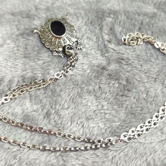 Vintage Sterling Silver, Onyx and Marcasite Turtle Pendant/Necklace - Picture 15 of 16